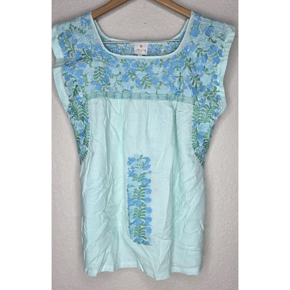 J Marie Embroidered Linen Blend Hannah Top Woman M Boho Blouse Cottage Beach